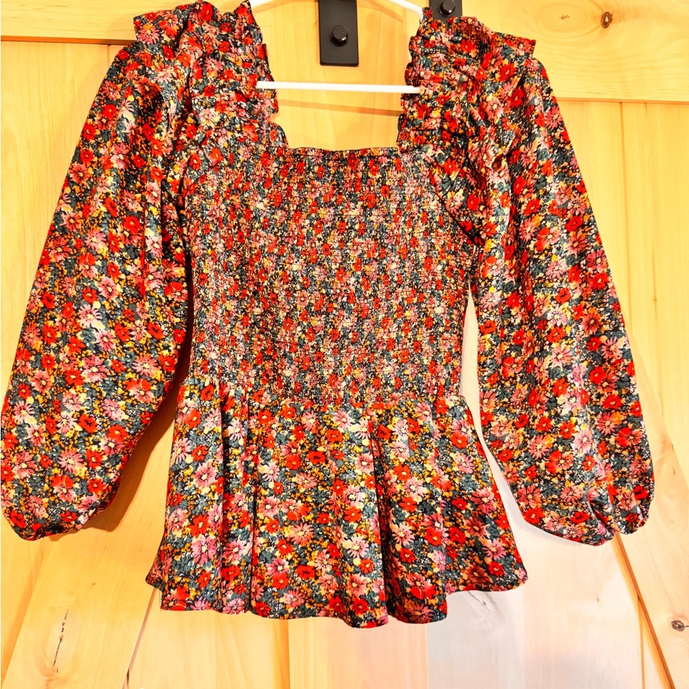 Entro Floral Smocked Blouse - Red and Black